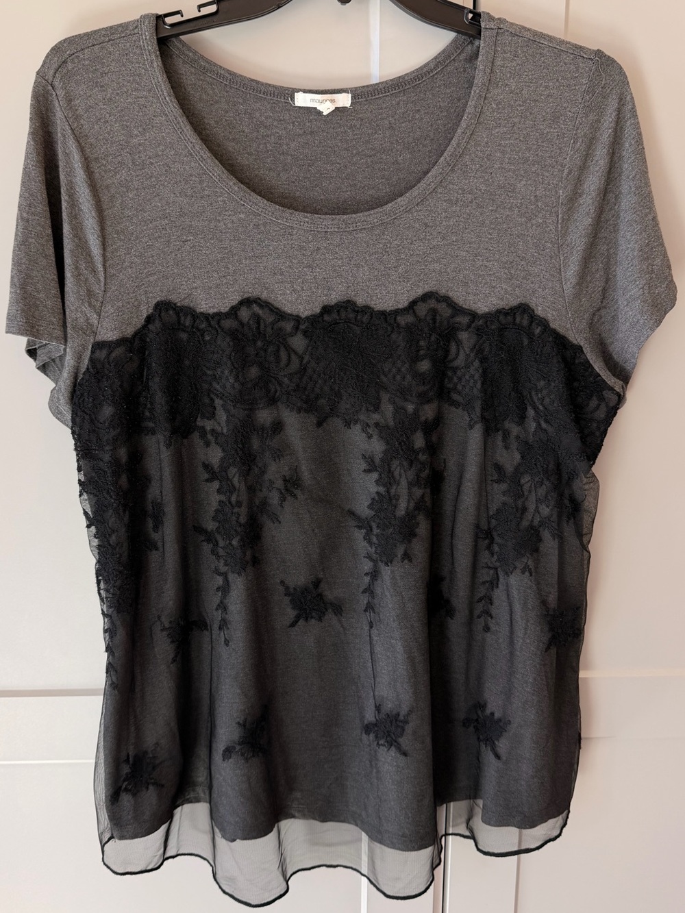 Maurices Gray Black Floral Lace Overlay Sheer Romantic Blouse Top Size 2